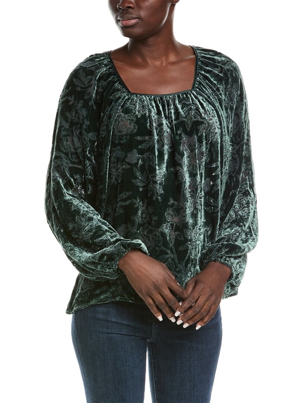 Johnny Was Jade Natalia Silk Blend Emerald Green Velvet Burnout Blouse Size M